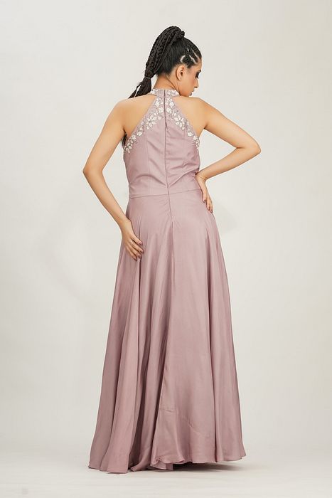 A model showcasing White Embroidery Halter Neck Gown In Lilac by Shruti S Label from Shruti S Label's collection