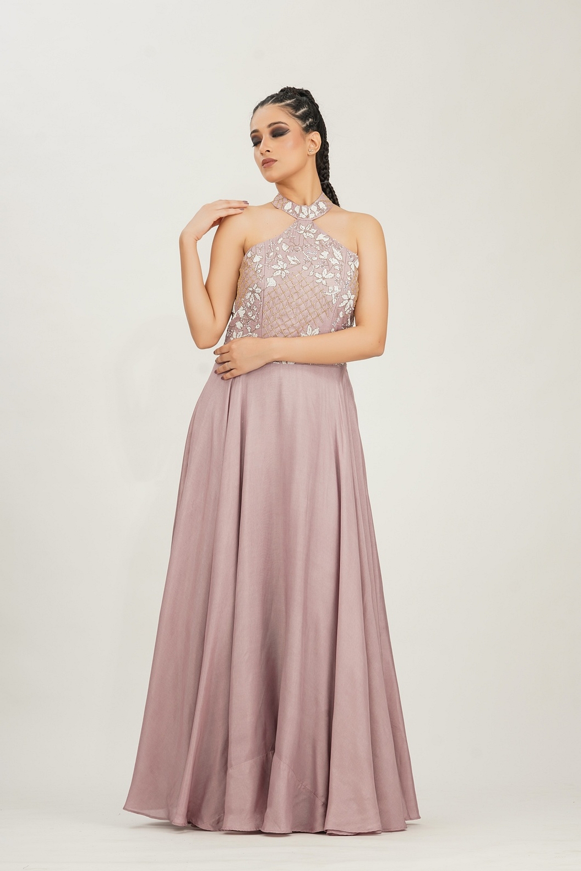 A model showcasing White Embroidery Halter Neck Gown In Lilac Feature image by Shruti S Label from Shruti S Label's collection