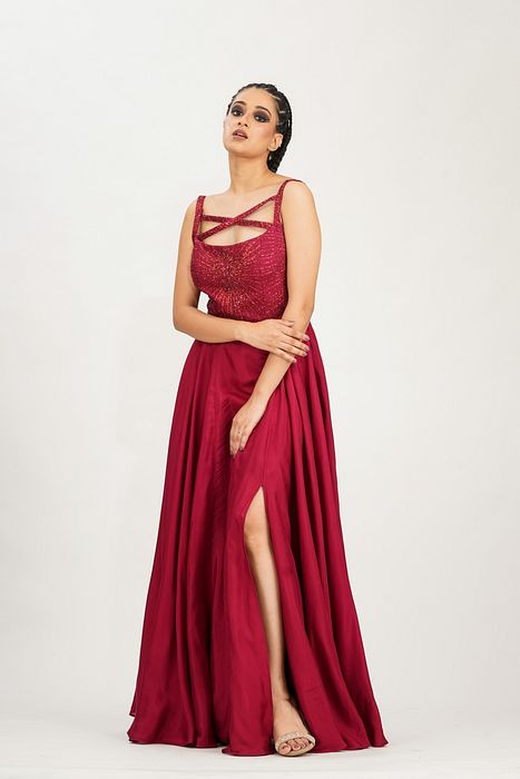 A model showcasing Red Dancing Girl Emoji Gown by Shruti S Label from Shruti S Label's collection