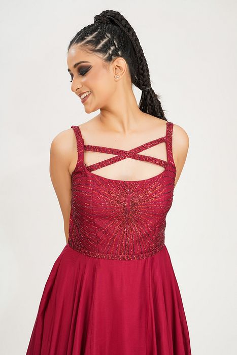 A model showcasing Red Dancing Girl Emoji Gown by Shruti S Label from Shruti S Label's collection