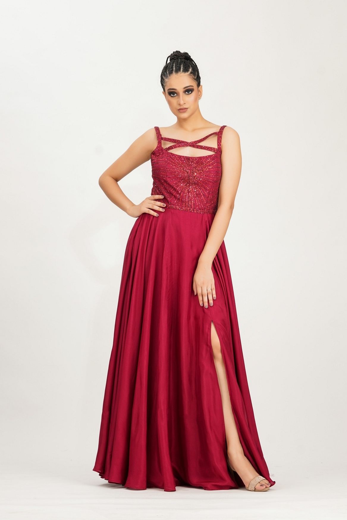 A model showcasing Red Dancing Girl Emoji Gown Feature image by Shruti S Label from Shruti S Label's collection
