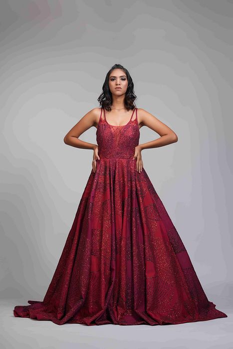 A model showcasing Red Reception Gown In Silk With Trail Feature image by Shruti S Label from Shruti S Label's collection