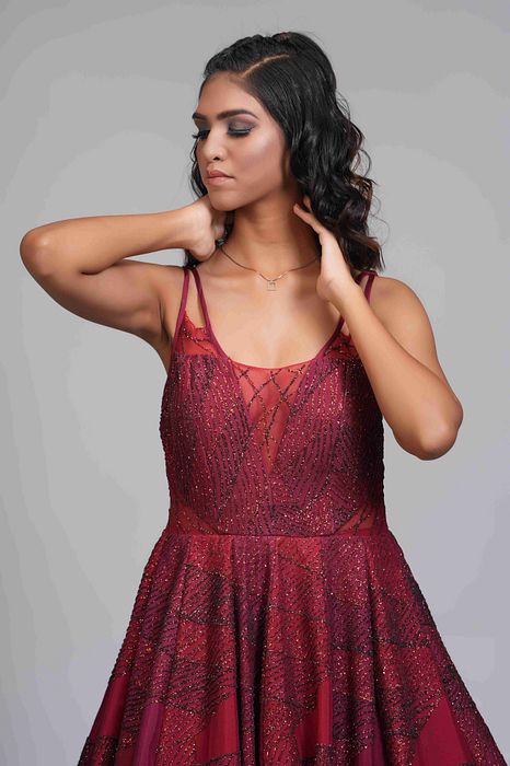 A model showcasing Red Reception Gown In Silk With Trail by Shruti S Label from Shruti S Label's collection