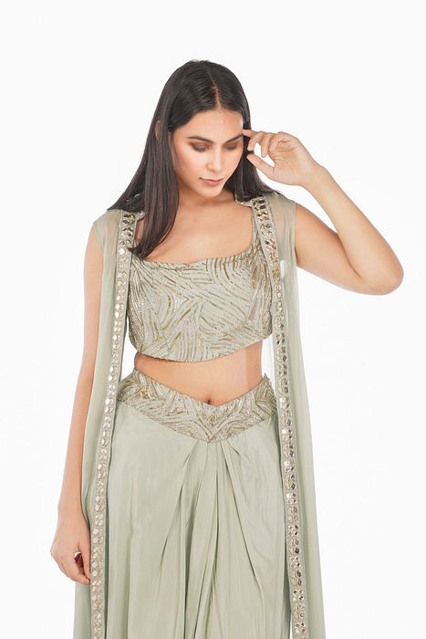 A model showcasing Sea Green Dhoti Skirt And Cape by Shruti S Label from Shruti S Label's collection