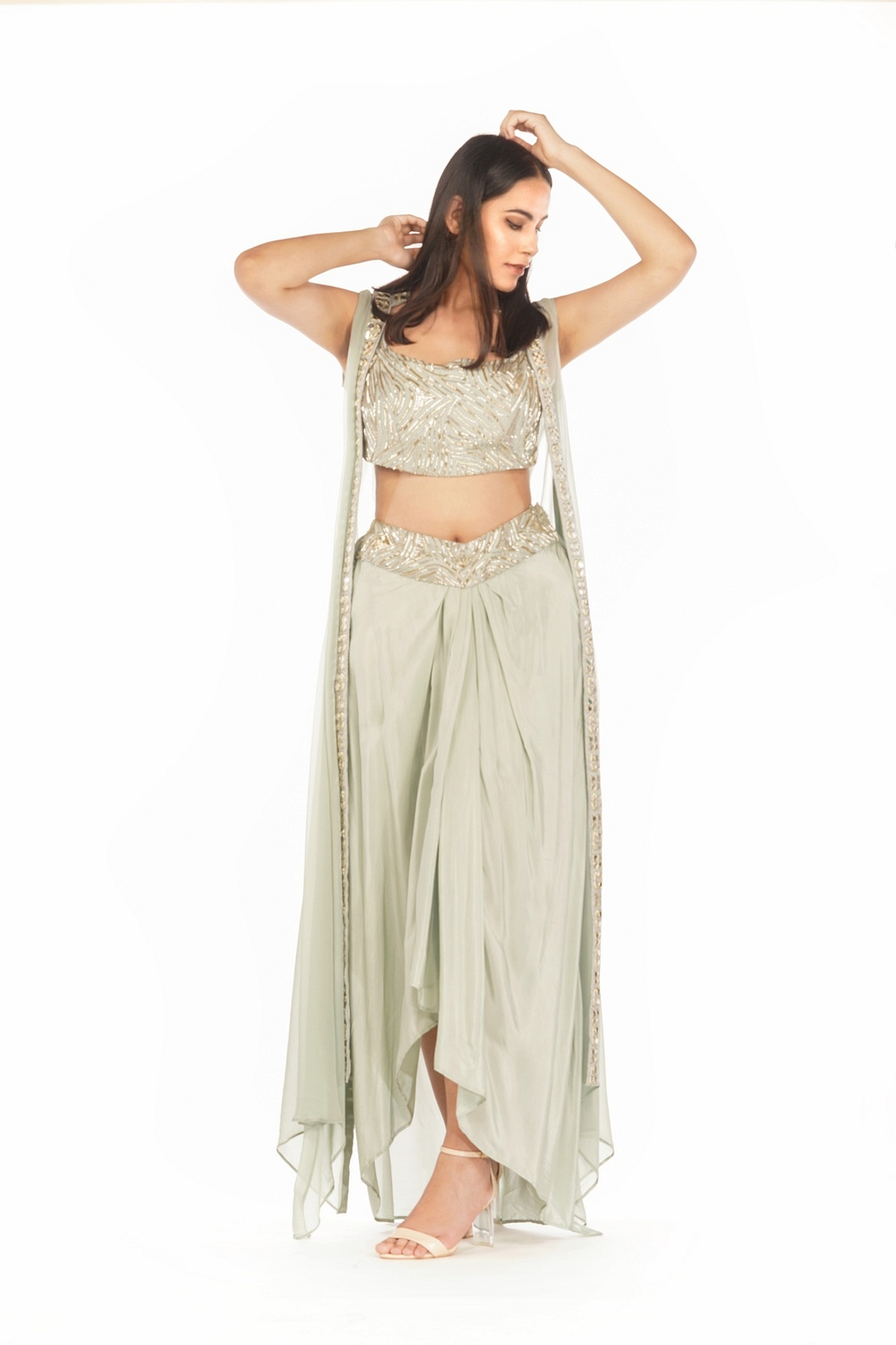 A model showcasing Sea Green Dhoti Skirt And Cape Feature image by Shruti S Label from Shruti S Label's collection