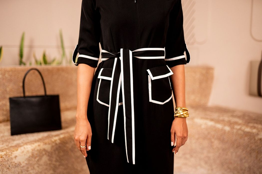 A model showcasing Ebony Elegance by Sainy Garg from Sainy Garg's collection