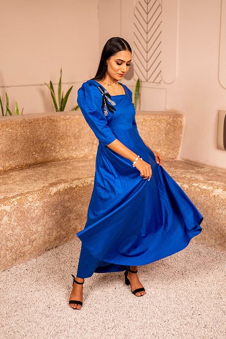 A model showcasing Regal Blue by Sainy Garg from Sainy Garg's collection
