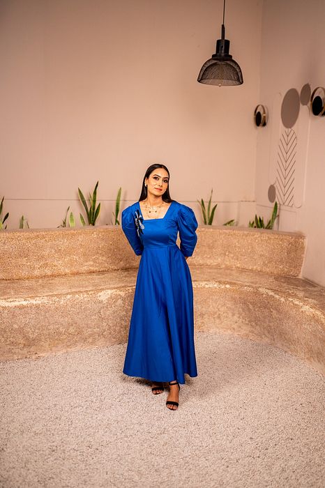 A model showcasing Regal Blue by Sainy Garg from Sainy Garg's collection