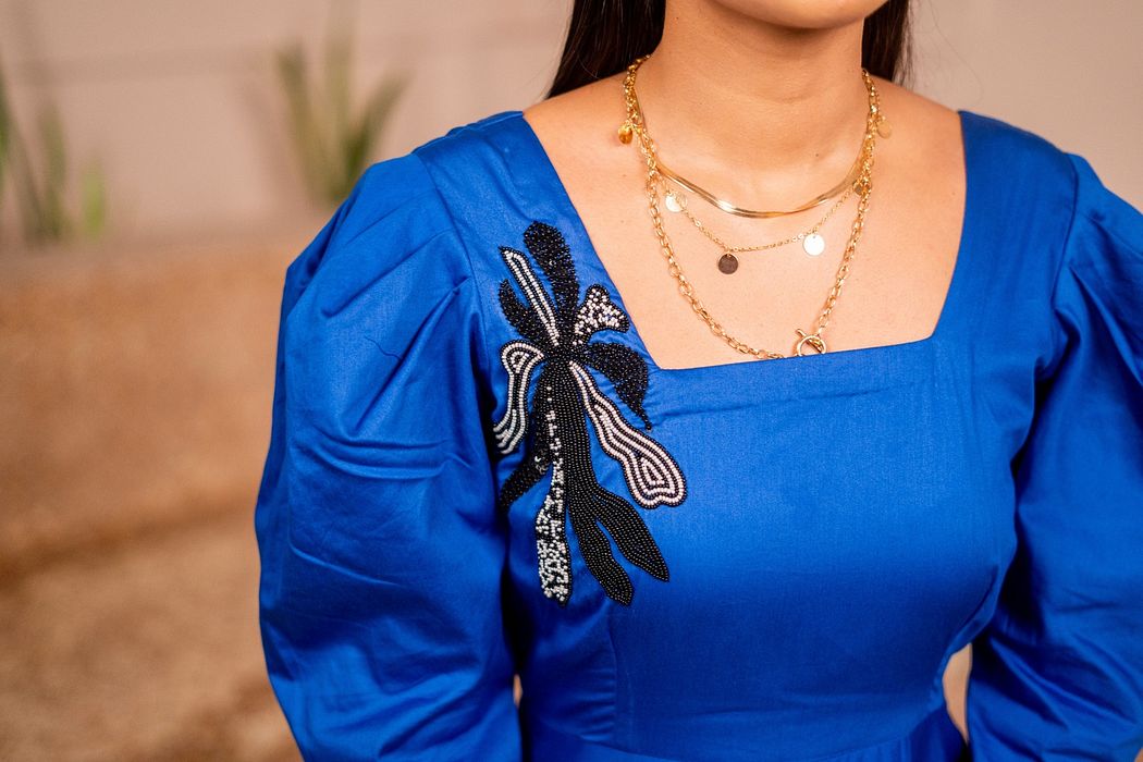 A model showcasing Regal Blue by Sainy Garg from Sainy Garg's collection