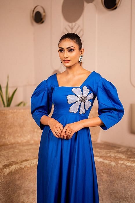 A model showcasing Blossoming Blue by Sainy Garg from Sainy Garg's collection