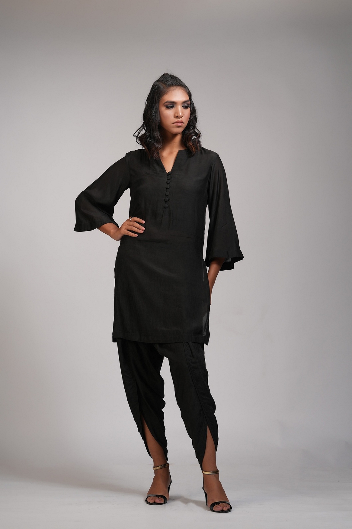 A model showcasing Black Kurta Dhoti Salwaar Set Feature image by Shruti S Label from Shruti S Label's collection