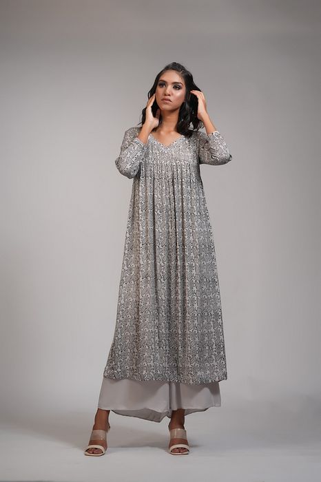 A model showcasing Grey Block Printed Casual Kurta Set Feature image by Shruti S Label from Shruti S Label's collection