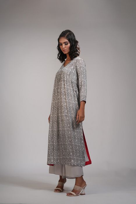 A model showcasing Grey Block Printed Casual Kurta Set by Shruti S Label from Shruti S Label's collection