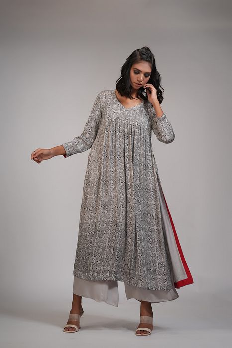 A model showcasing Grey Block Printed Casual Kurta Set by Shruti S Label from Shruti S Label's collection