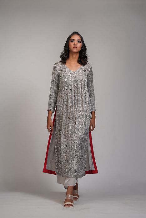 A model showcasing Grey Block Printed Casual Kurta Set by Shruti S Label from Shruti S Label's collection
