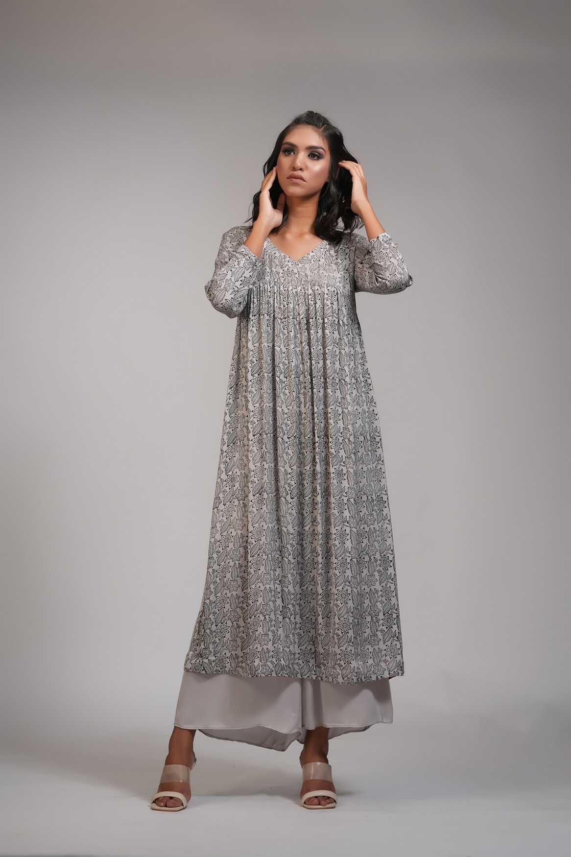A model showcasing Grey Block Printed Casual Kurta Set Feature image by Shruti S Label from Shruti S Label's collection