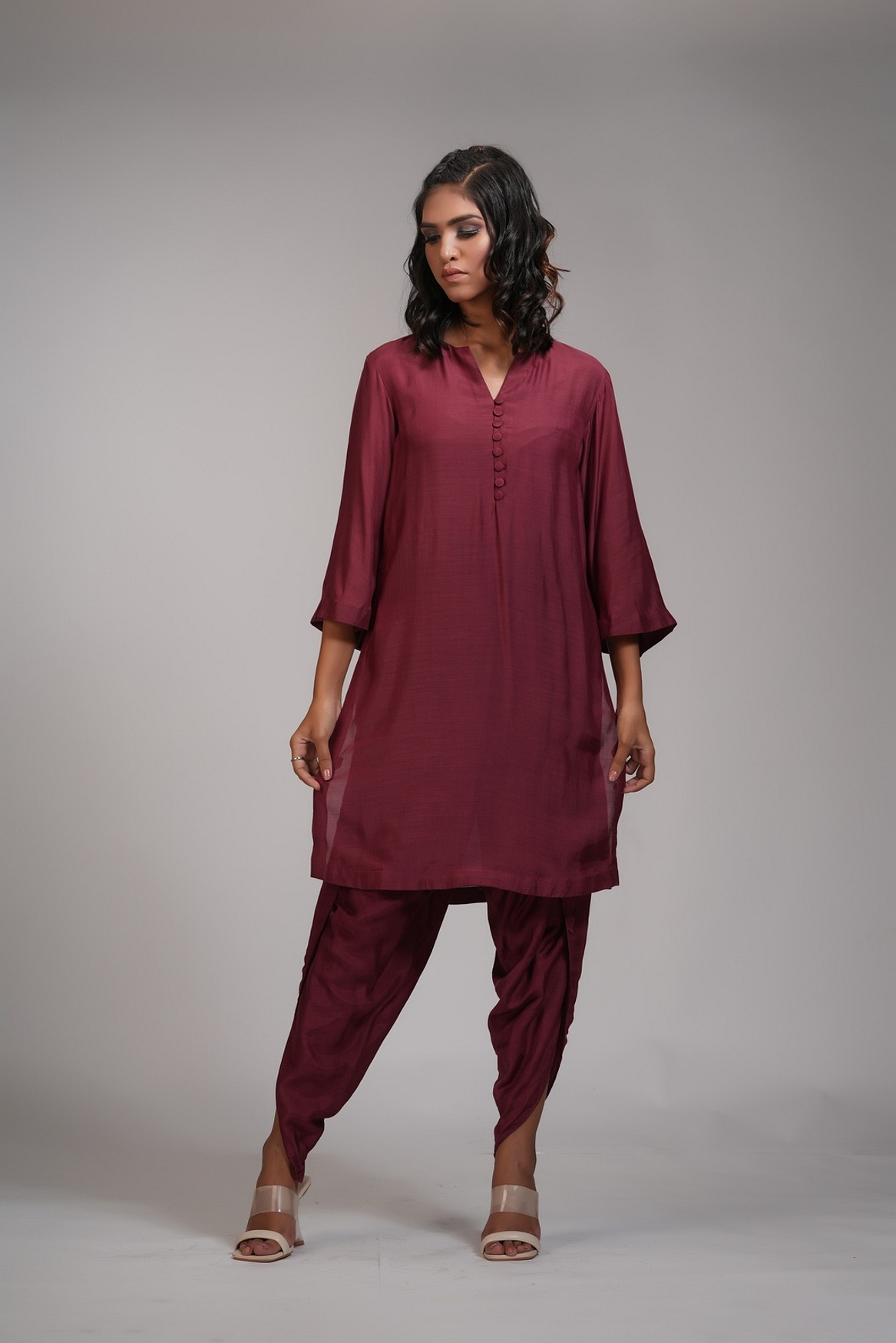 A model showcasing Maroon Kurta And Dhoti Salwaar Set Feature image by Shruti S Label from Shruti S Label's collection