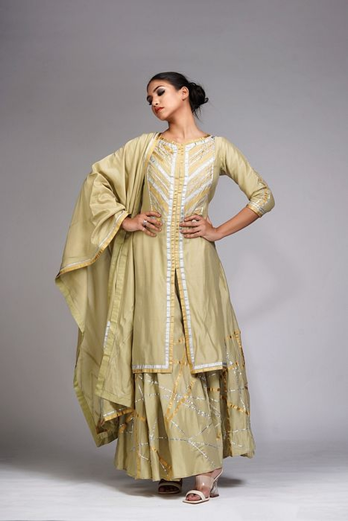 A model showcasing Abstract Gotta Work Sharara Suit Feature image by Shruti S Label from Shruti S Label's collection