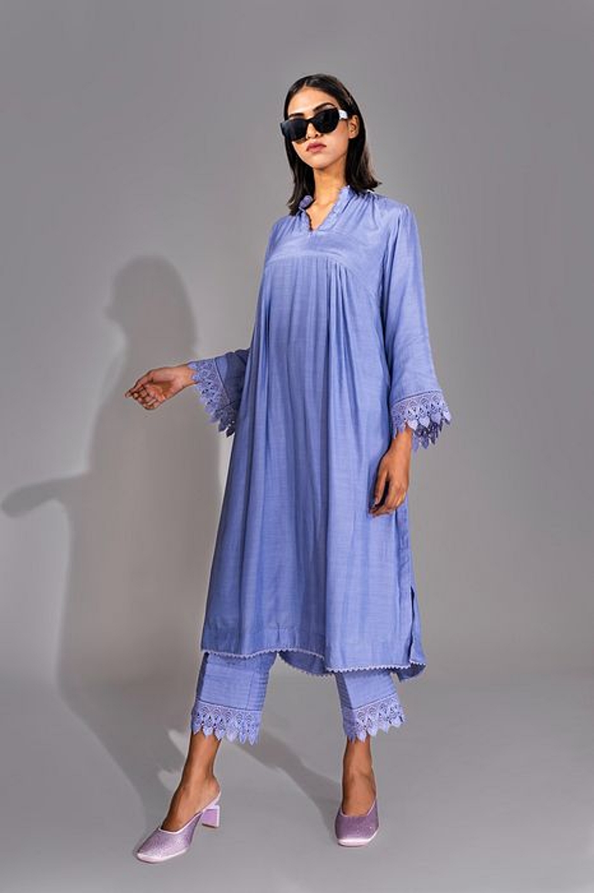 A model showcasing Lavender Color Cotton Suit With French Borders Feature image by Shruti S Label from Shruti S Label's collection