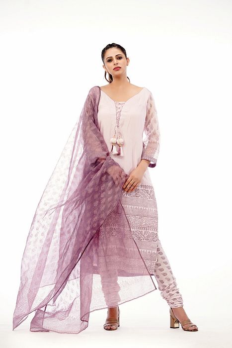 A model showcasing Churidaar Suit Printed With Hand by Shruti S Label from Shruti S Label's collection