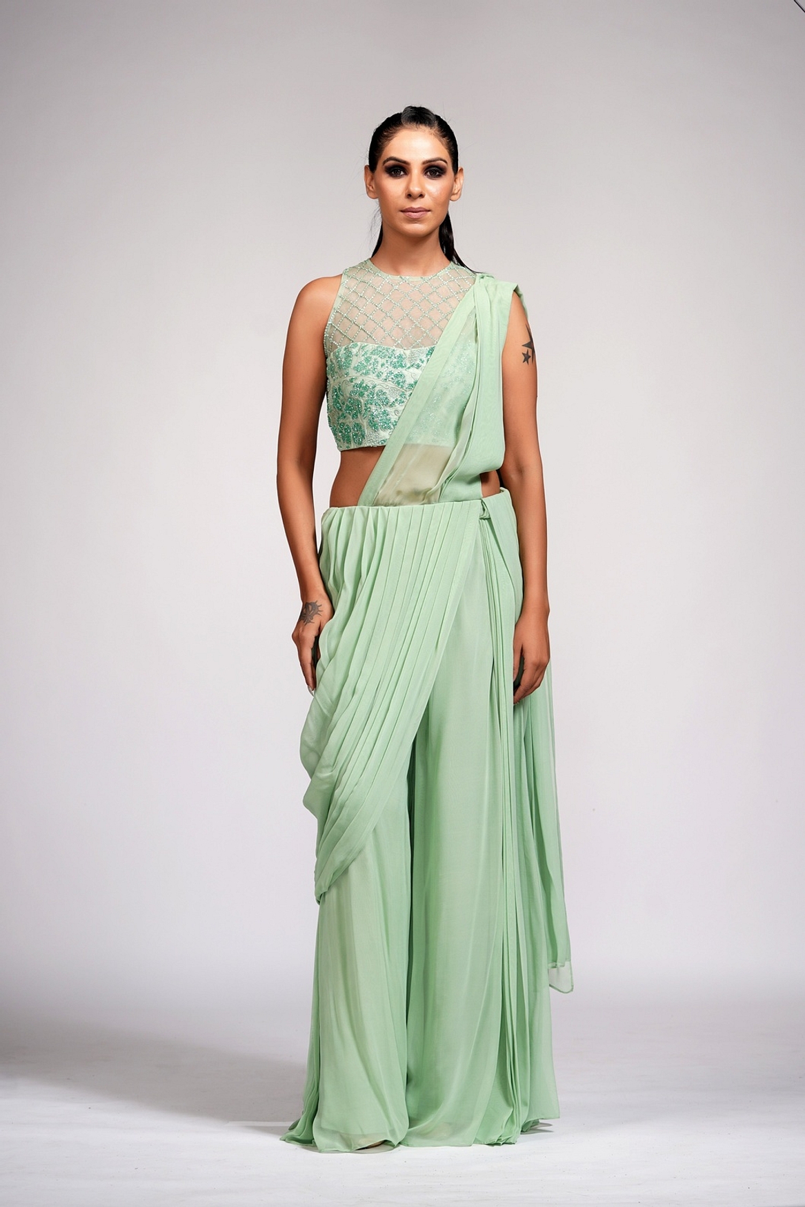 A model showcasing Sage Green Bell Bottom Saree With Embroidery Feature image by Shruti S Label from Shruti S Label's collection