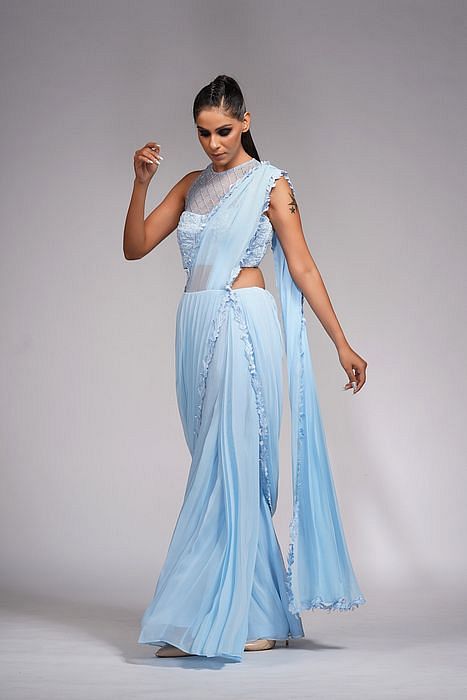A model showcasing Ice Blue Bell Bottom Saree With Embroidery Feature image by Shruti S Label from Shruti S Label's collection