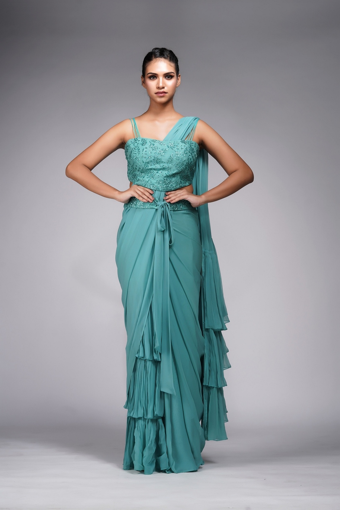 A model showcasing Embroidered Ruffle Saree Green Feature image by Shruti S Label from Shruti S Label's collection